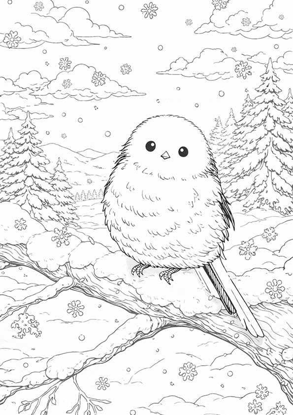 鳥の塗り絵『雪の森のシマエナガ』【大人の塗り絵-図柄の無料ダウンロード】