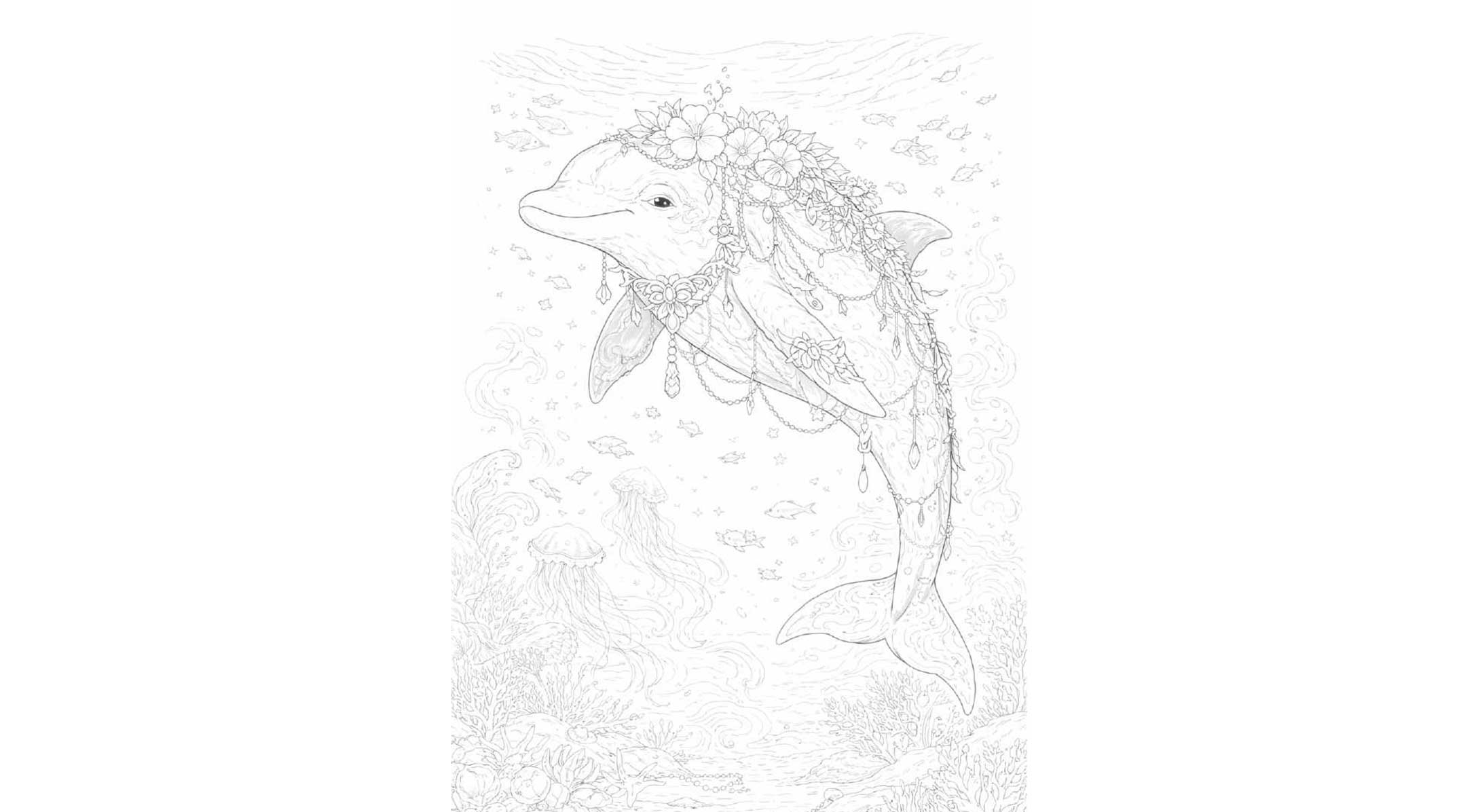 幻想世界の生き物『花飾りのイルカ』【塗り絵の無料ダウンロード】