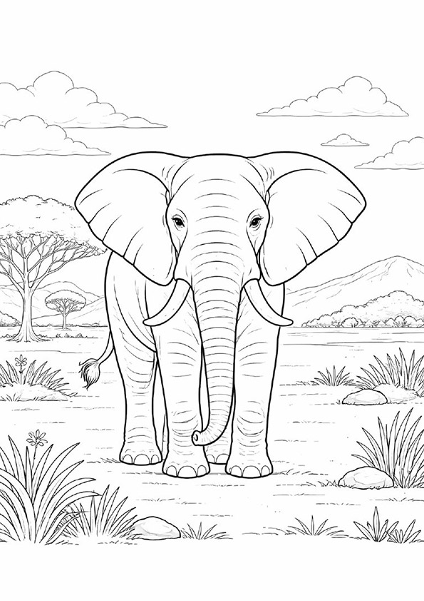 動物の塗り絵『草原に立つ象』【大人の塗り絵-図柄の無料ダウンロード】