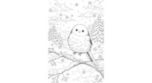 鳥の塗り絵『雪の森のシマエナガ』【大人の塗り絵-図柄の無料ダウンロード】