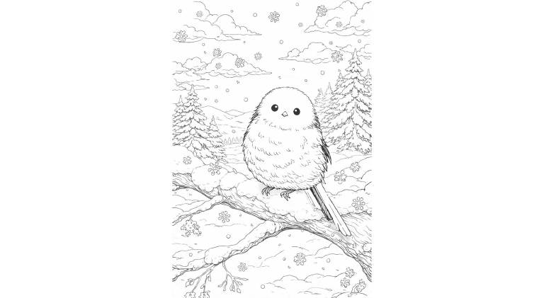鳥の塗り絵『雪の森のシマエナガ』【大人の塗り絵-図柄の無料ダウンロード】