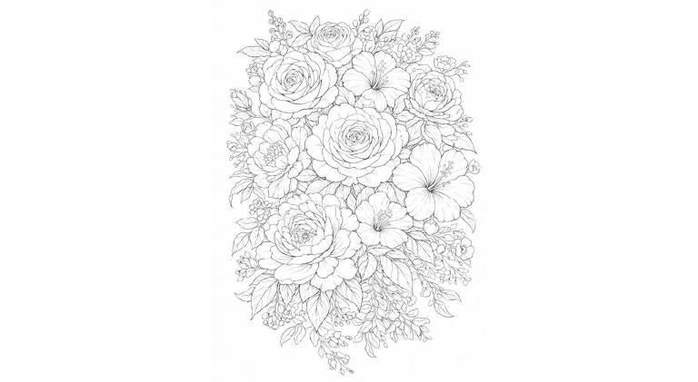 『華やかな花束のボタニカル』花・植物の塗り絵