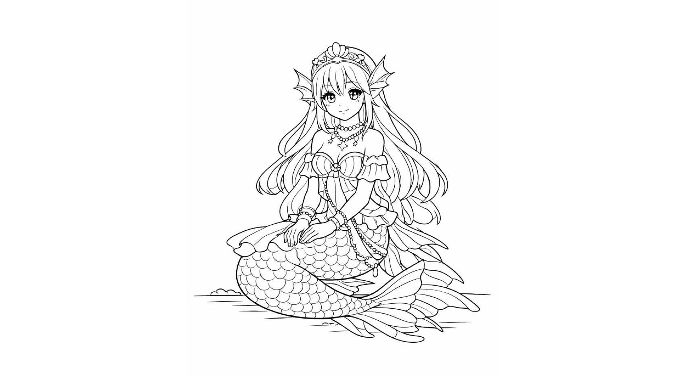 人魚の塗り絵『おしゃれなマーメイド』【子供向け図柄の無料ダウンロード】