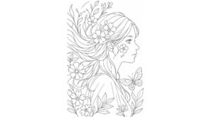 花の塗り絵『花に包まれた少女』【大人の塗り絵-図柄の無料ダウンロード】