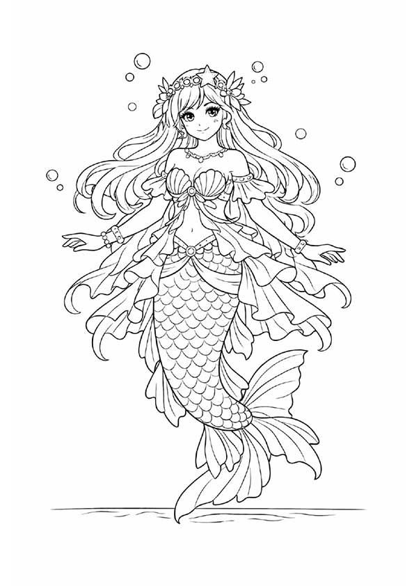 人魚の塗り絵『かわいいマーメイド』【子供向け図柄の無料ダウンロード】