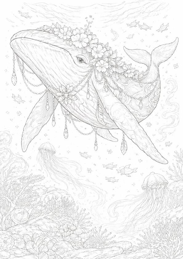 幻想世界の生き物『花飾りのクジラ』【塗り絵の無料ダウンロード】
