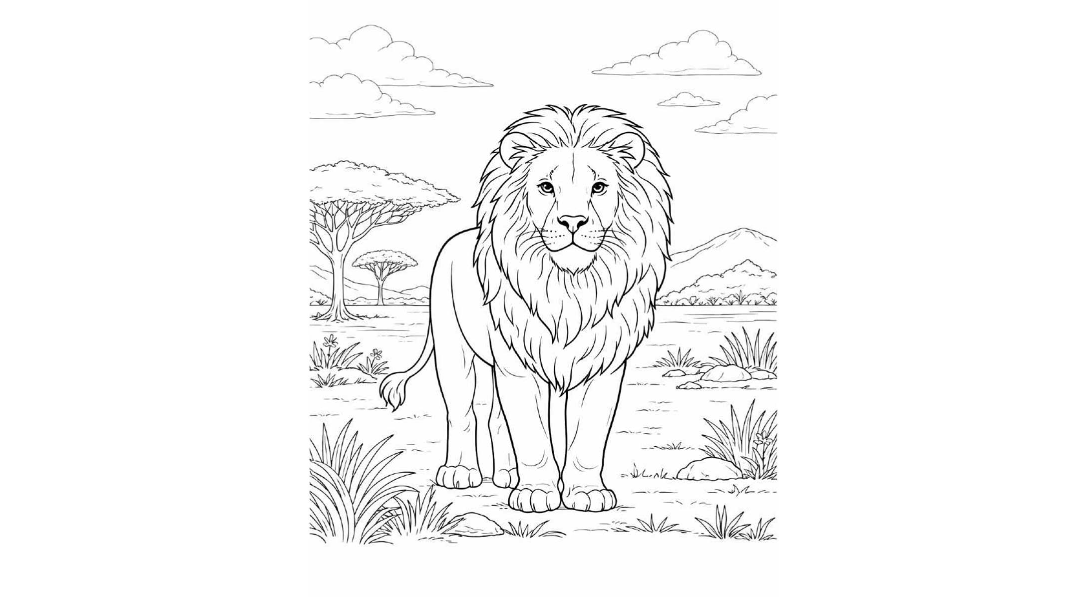 幻想世界の生き物『王者の風格 ライオン』【塗り絵の無料ダウンロード】