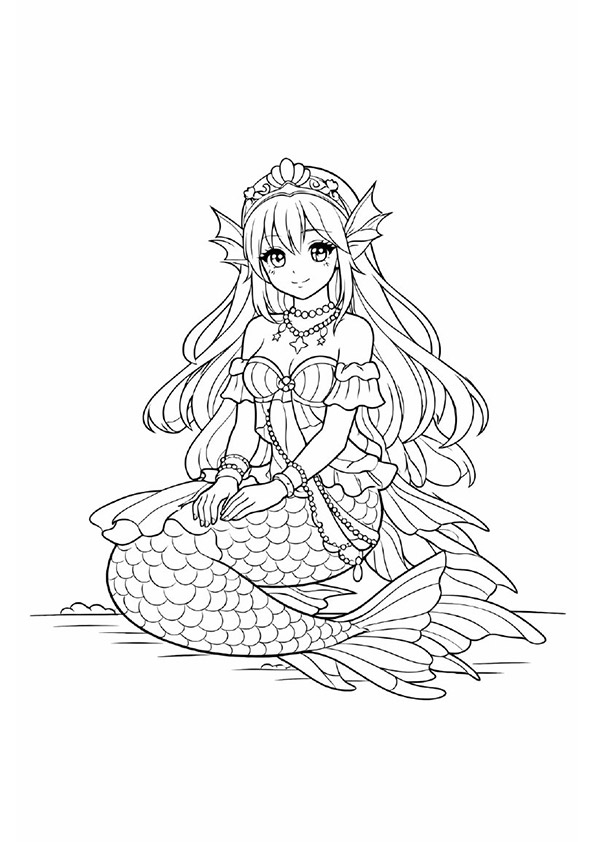 人魚の塗り絵『おしゃれなマーメイド』【子供向け図柄の無料ダウンロード】