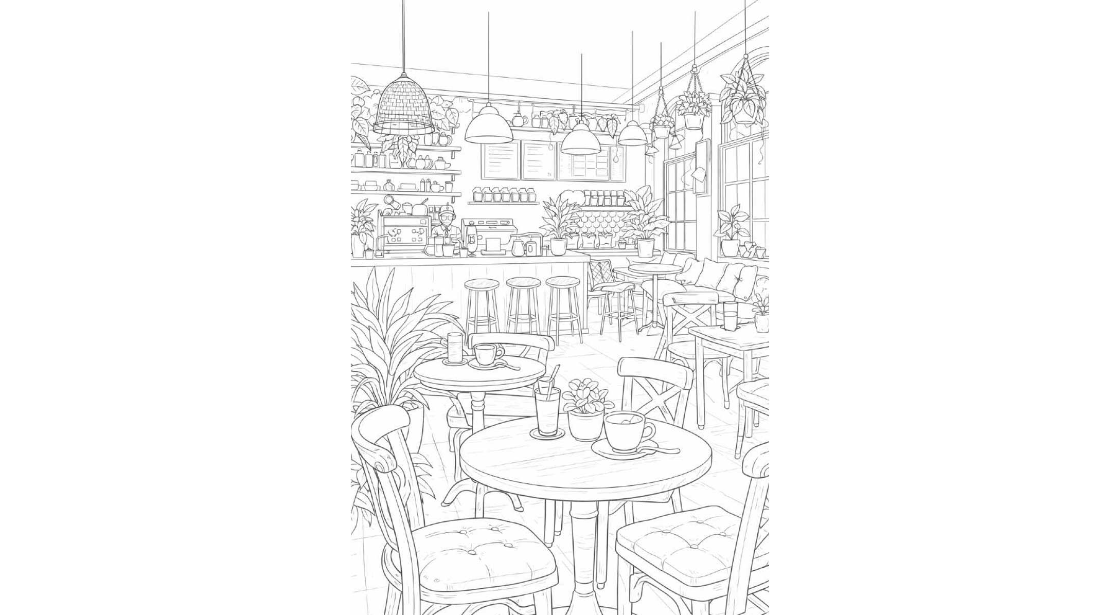 風景の塗り絵『くつろぎのカフェ空間』【大人の塗り絵-図柄の無料ダウンロード】