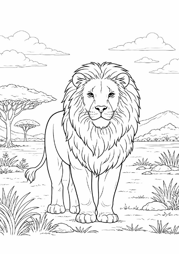 幻想世界の生き物『王者の風格 ライオン』【塗り絵の無料ダウンロード】