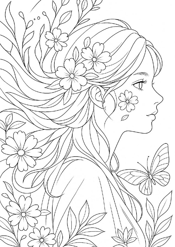 花の塗り絵『花に包まれた少女』【大人の塗り絵-図柄の無料ダウンロード】