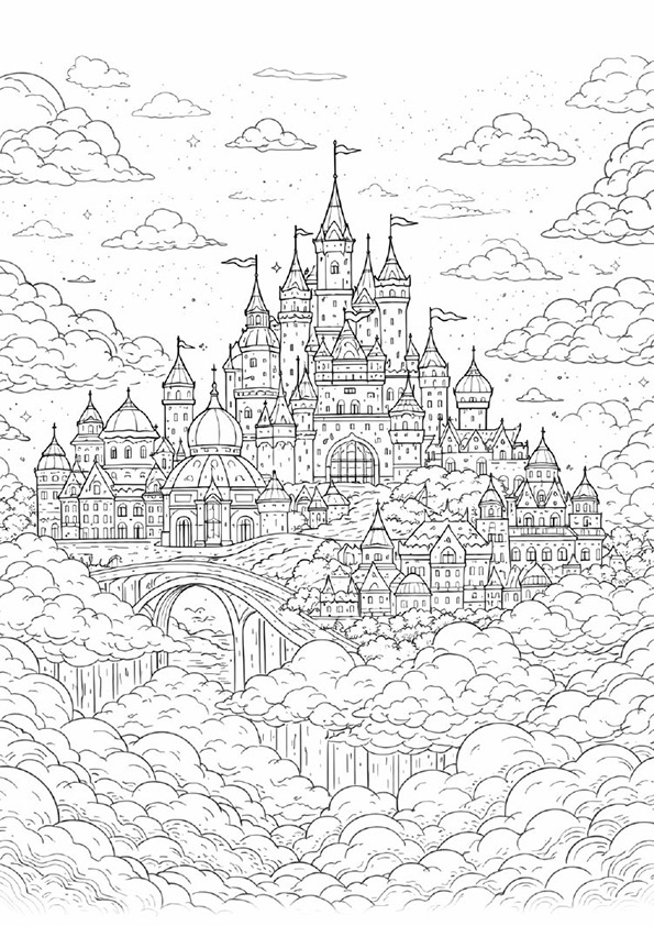 幻想世界の風景『天空の王国』【大人の塗り絵-図柄の無料ダウンロード】