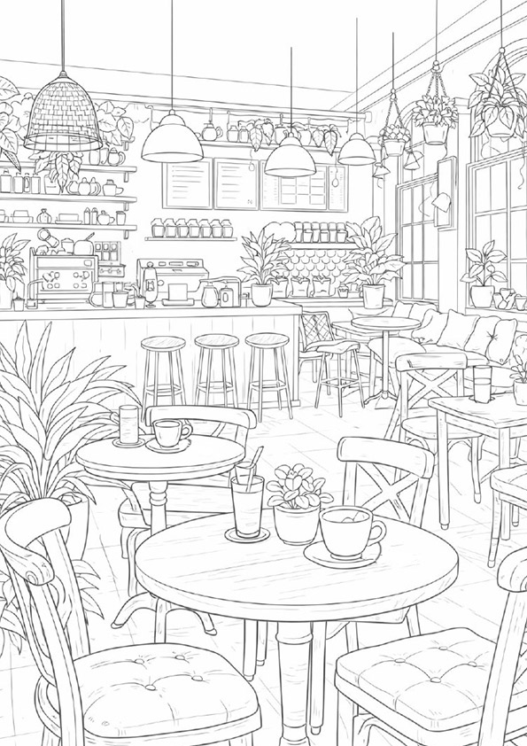 風景の塗り絵『くつろぎのカフェ空間』【大人の塗り絵-図柄の無料ダウンロード】