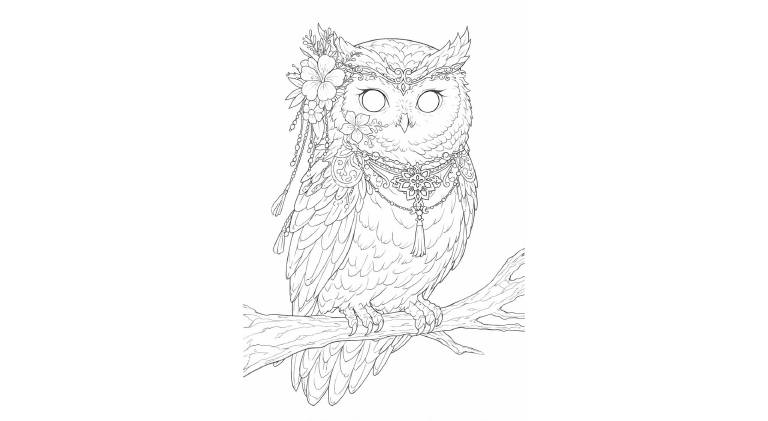 幻想世界の生き物『装飾をまとう森のフクロウ』【塗り絵の無料ダウンロード】