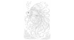 幻想世界の風景『ひらめく尾びれの観賞魚』【大人の塗り絵-図柄の無料ダウンロード】