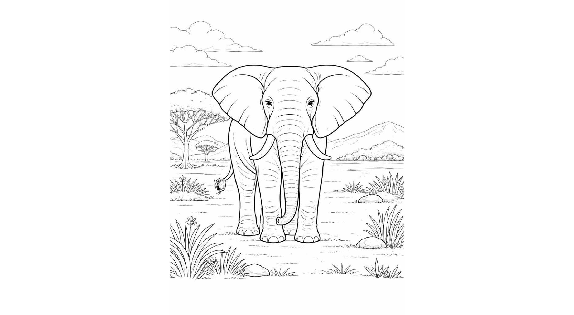 動物の塗り絵『草原に立つ象』【大人の塗り絵-図柄の無料ダウンロード】