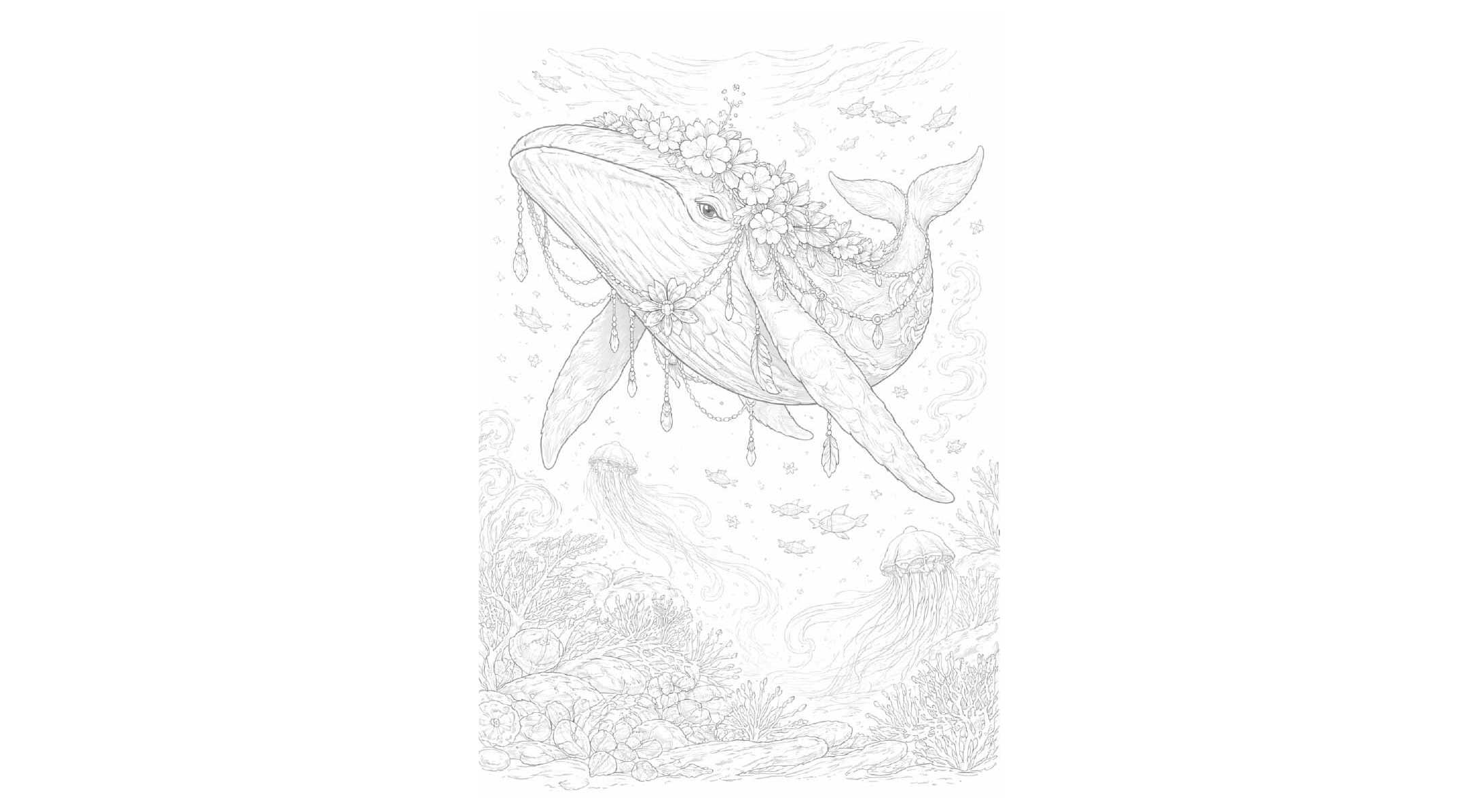 幻想世界の生き物『花飾りのクジラ』【塗り絵の無料ダウンロード】