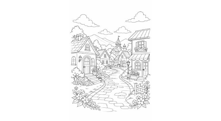 風景の塗り絵『小さな街並みの散歩道』【大人の塗り絵-図柄の無料ダウンロード】