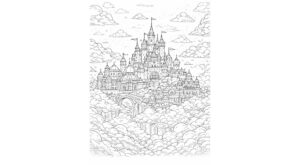 幻想世界の風景『天空の王国』【大人の塗り絵-図柄の無料ダウンロード】