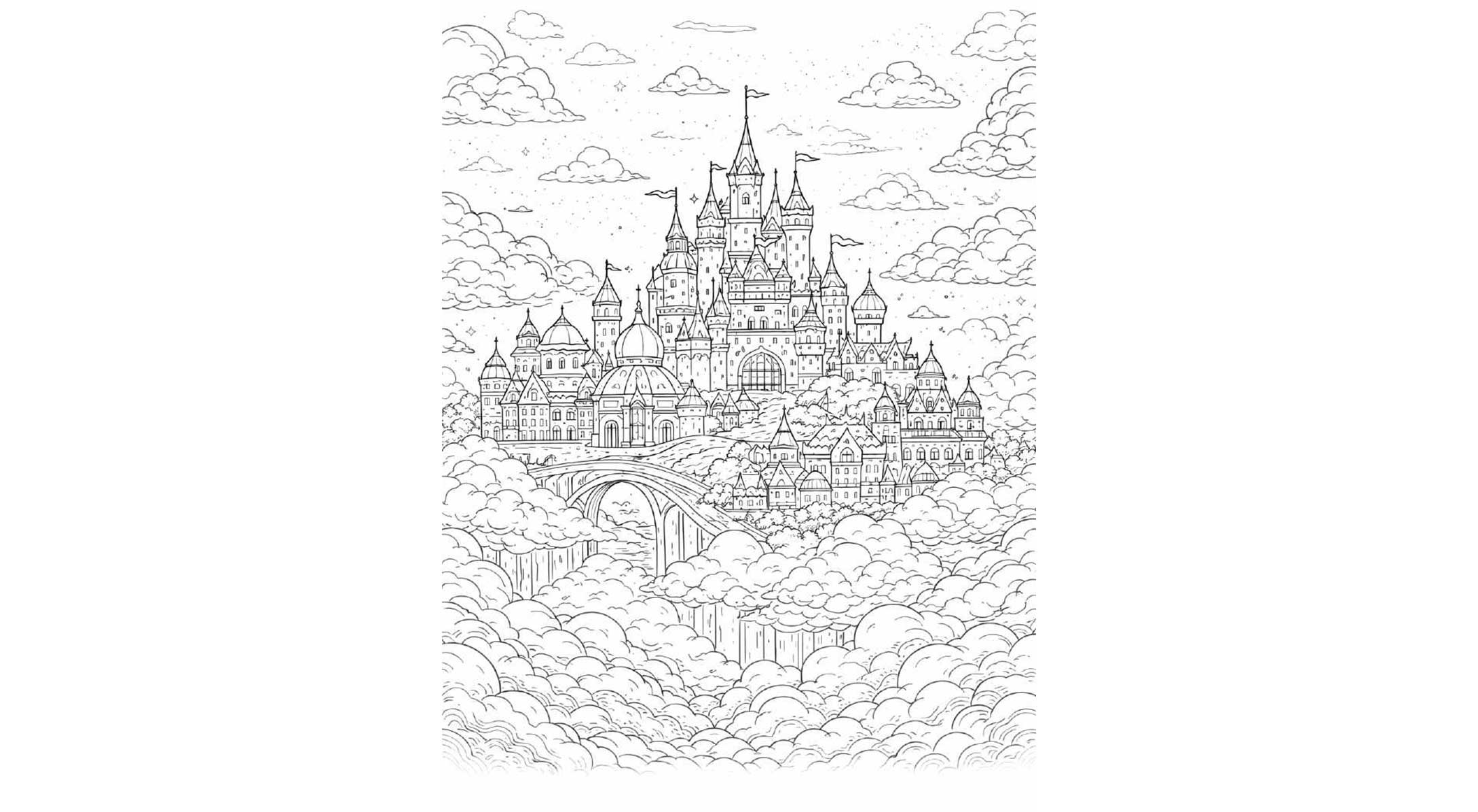 幻想世界の風景『天空の王国』【大人の塗り絵-図柄の無料ダウンロード】