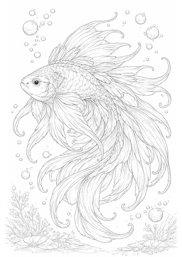幻想世界の風景『ひらめく尾びれの観賞魚』【大人の塗り絵-図柄の無料ダウンロード】
