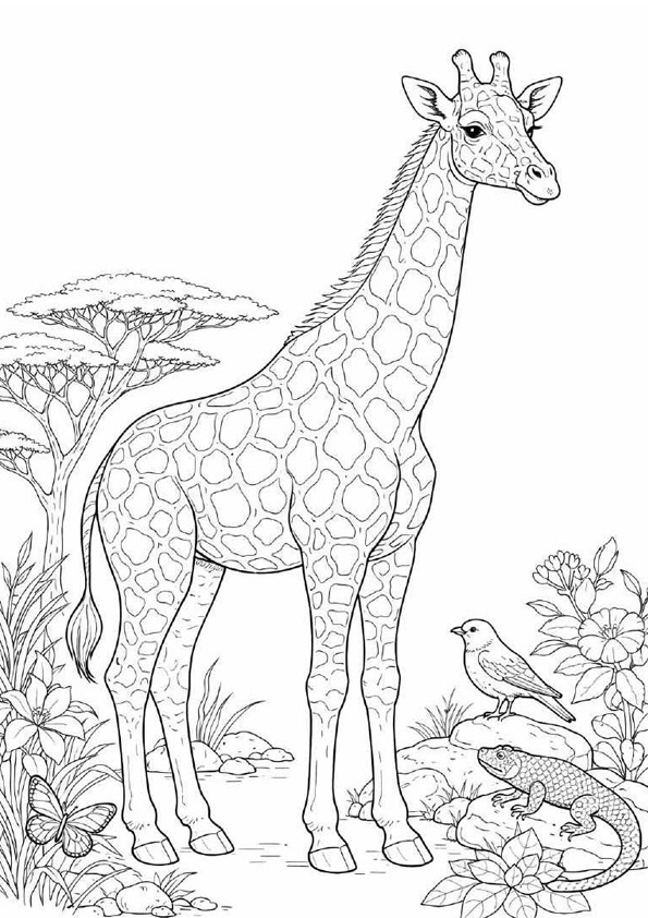 動物の塗り絵『サバンナのキリンと小さな仲間』