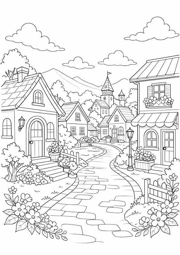 風景の塗り絵『小さな街並みの散歩道』【大人の塗り絵-図柄の無料ダウンロード】