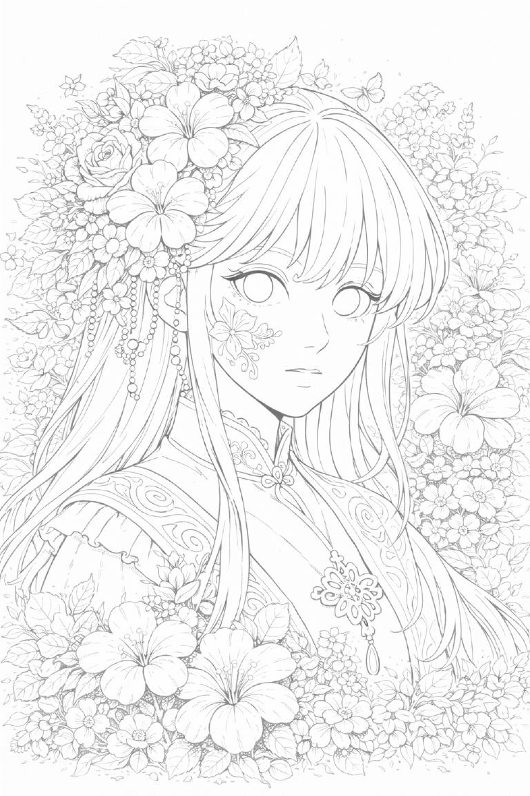 幻想世界の人物『フローラルプリンセス』【大人の塗り絵-図柄の無料ダウンロード】- 印刷・商用利用可