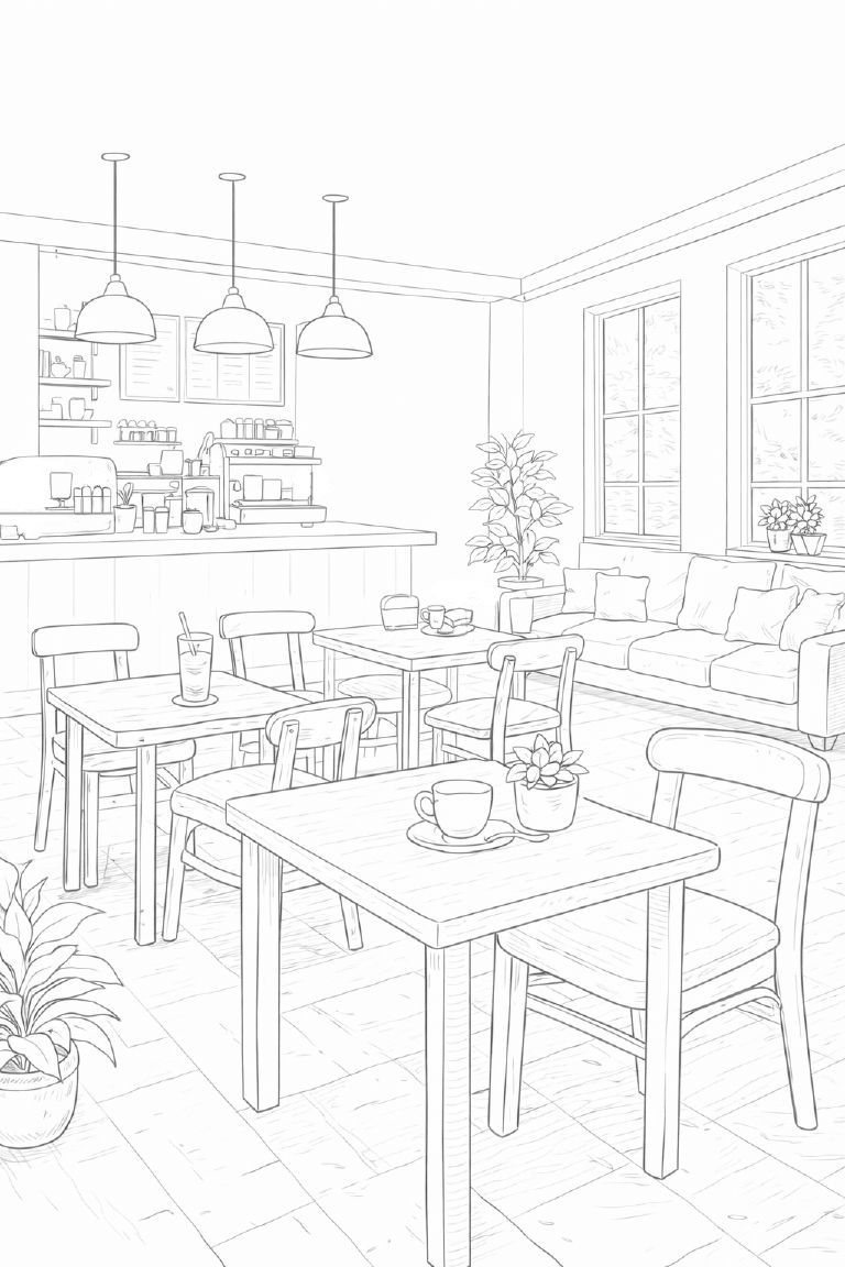 風景の塗り絵『穏やかなカフェ時間』【大人の塗り絵-図柄の無料ダウンロード】- 印刷・商用利用可