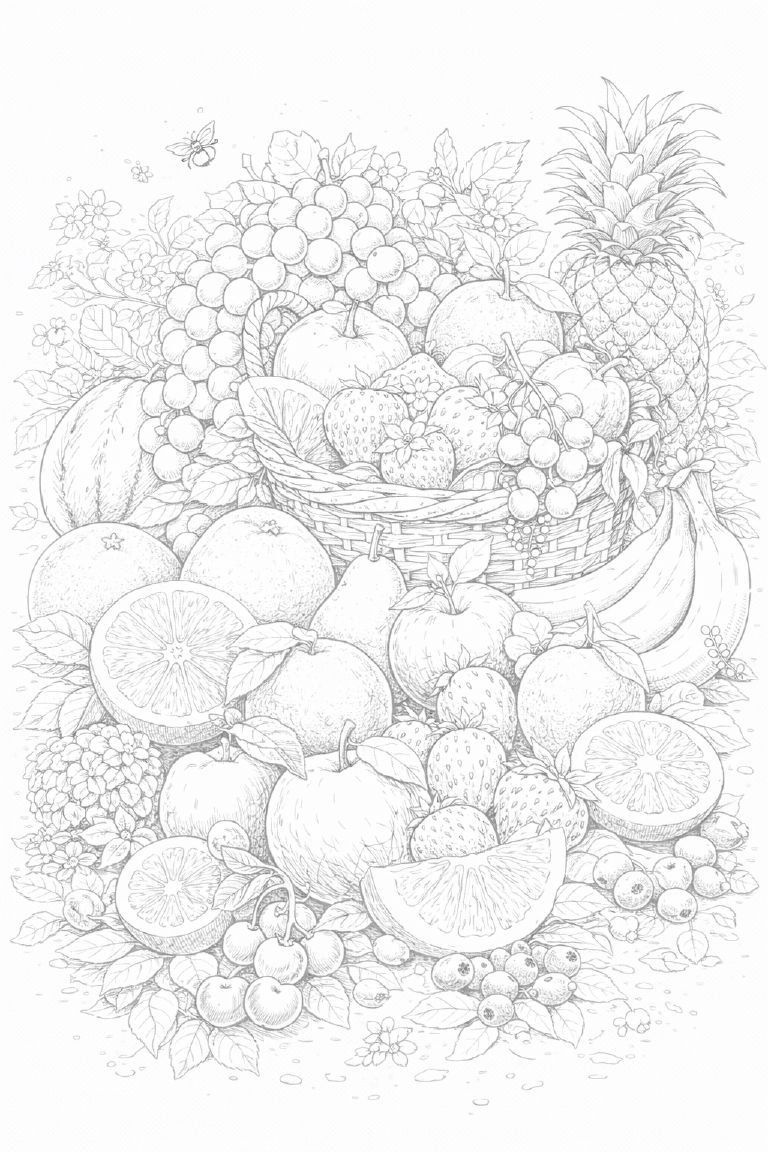 花・植物の塗り絵『彩りを楽しむフルーツアート』【大人の塗り絵-図柄の無料ダウンロード】- 印刷・商用利用可
