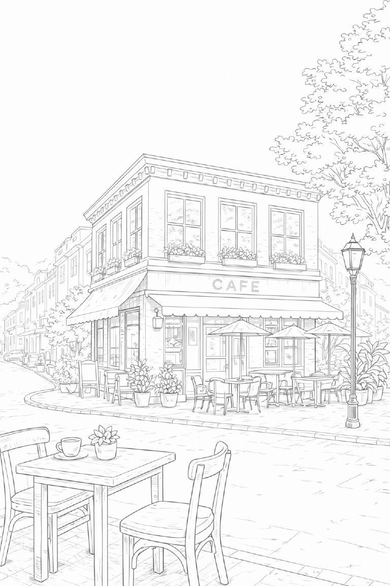 風景の塗り絵『街角カフェ』【大人の塗り絵-図柄の無料ダウンロード】- 印刷・商用利用可