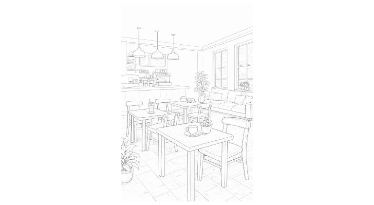 風景の塗り絵『穏やかなカフェ時間』【大人の塗り絵-図柄の無料ダウンロード】- 印刷・商用利用可