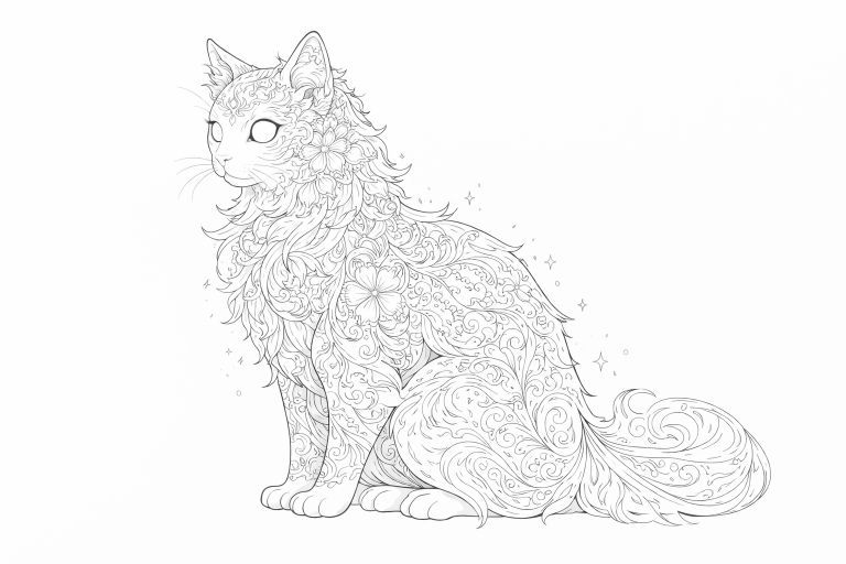 幻想世界の生き物『花模様に包まれた猫』【塗り絵の無料ダウンロード】- 印刷・商用利用可