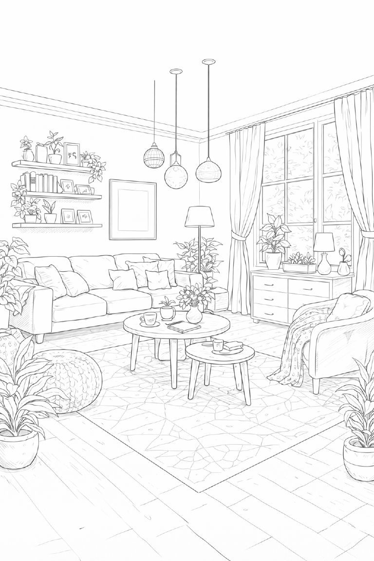 風景の塗り絵『窓辺とソファの静かな時間』【大人の塗り絵-図柄の無料ダウンロード】- 印刷・商用利用可