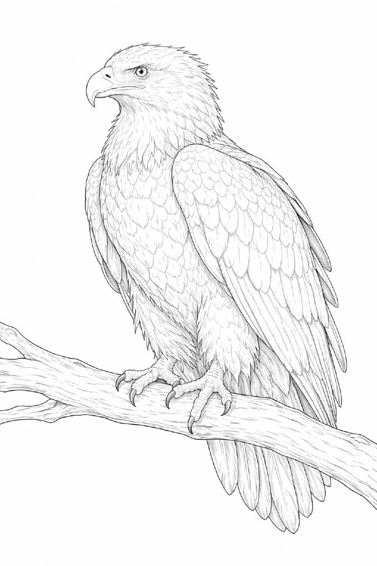 鳥の塗り絵『静寂の森に立つ鷲』【大人の塗り絵-図柄の無料ダウンロード】- 印刷・商用利用可