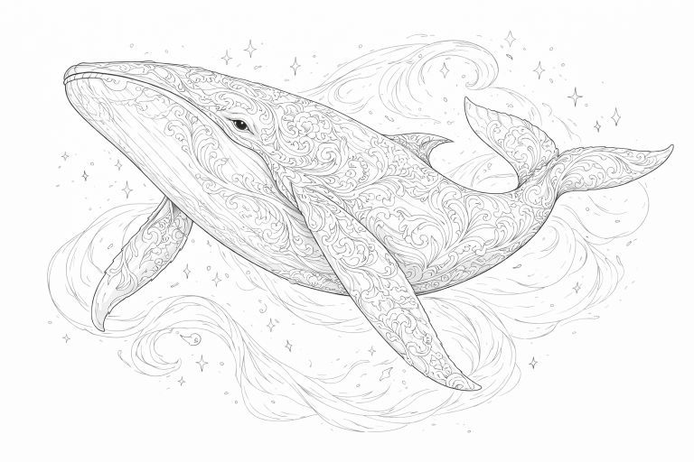 幻想世界の生き物『優雅に舞うクジラ』【塗り絵の無料ダウンロード】- 印刷・商用利用可