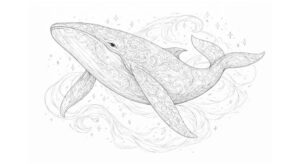 幻想世界の生き物『優雅に舞うクジラ』【塗り絵の無料ダウンロード】- 印刷・商用利用可