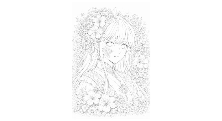 幻想世界の人物『フローラルプリンセス』【大人の塗り絵-図柄の無料ダウンロード】- 印刷・商用利用可