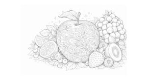 花・植物の塗り絵『装飾模様が美しいりんごと果実』