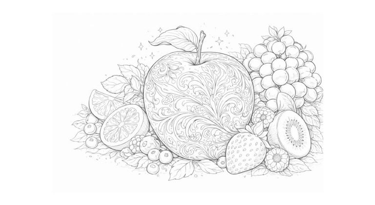花・植物の塗り絵『装飾模様が美しいりんごと果実』