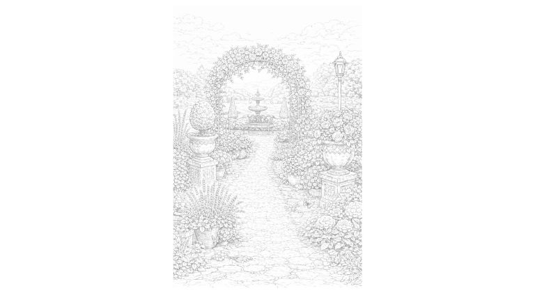 風景の塗り絵『優雅なヨーロピアンガーデン』【大人の塗り絵-図柄の無料ダウンロード】- 印刷・商用利用可