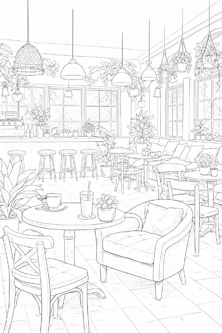 風景の塗り絵『緑あふれるカフェのひととき』【大人の塗り絵-図柄の無料ダウンロード】- 印刷・商用利用可