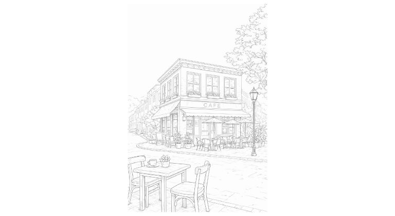 風景の塗り絵『街角カフェ』【大人の塗り絵-図柄の無料ダウンロード】- 印刷・商用利用可