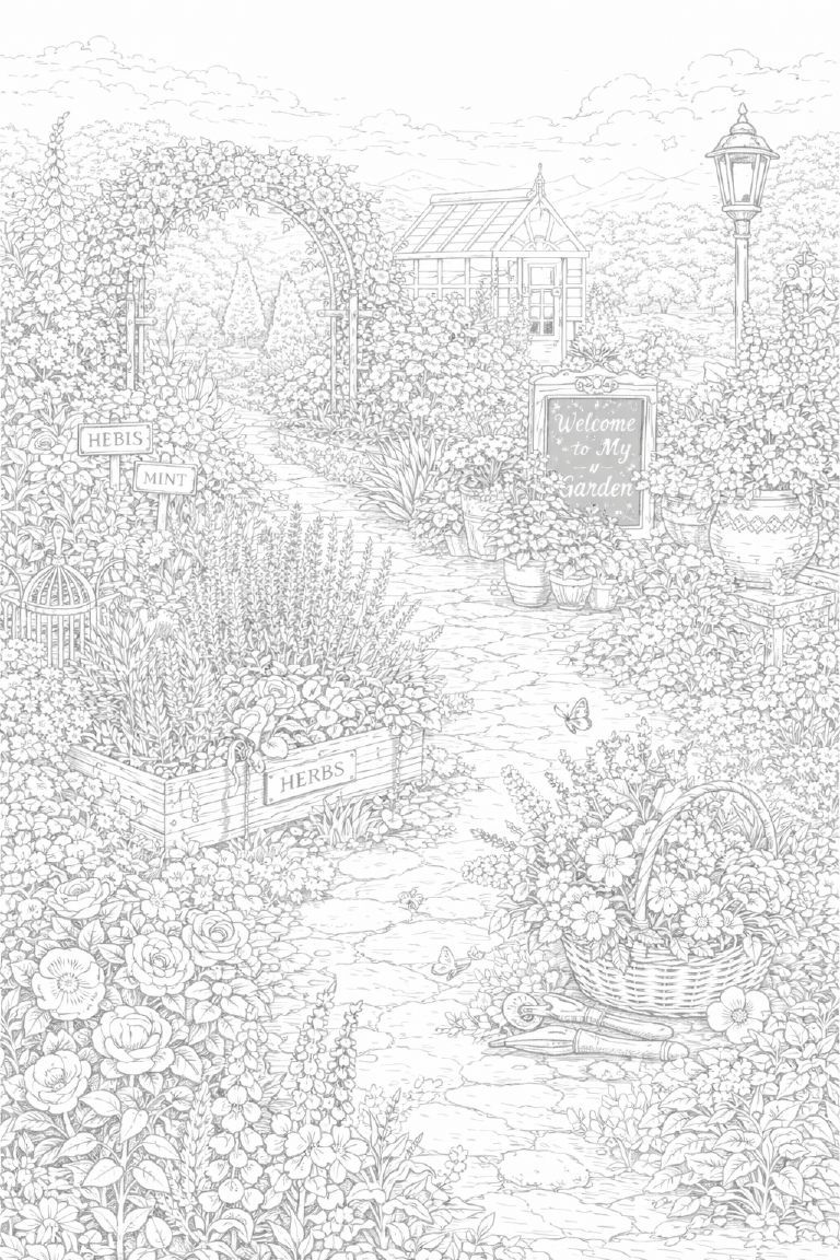 風景の塗り絵『癒しのハーブガーデン』【大人の塗り絵-図柄の無料ダウンロード】- 印刷・商用利用可