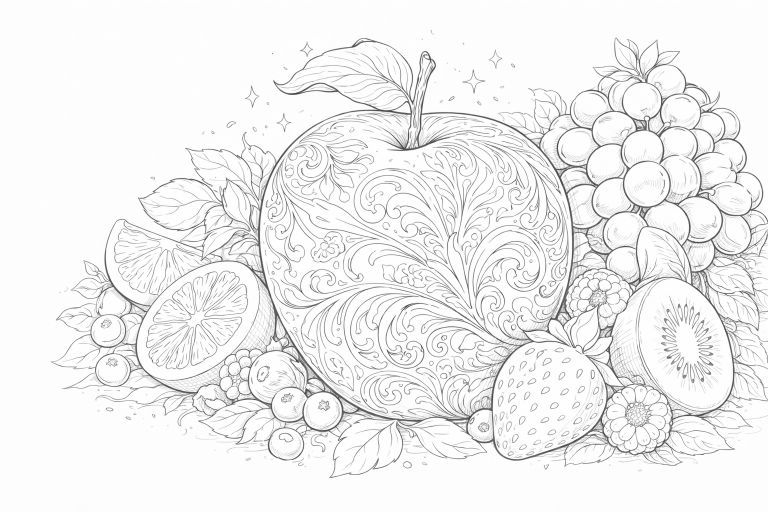 花・植物の塗り絵『装飾模様が美しいりんごと果実』