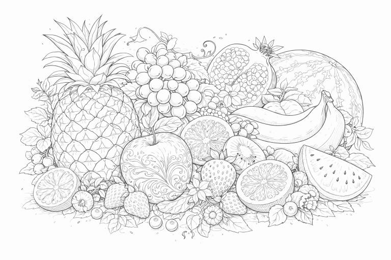 花・植物の塗り絵『トロピカルフルーツ』【大人の塗り絵-図柄の無料ダウンロード】- 印刷・商用利用可