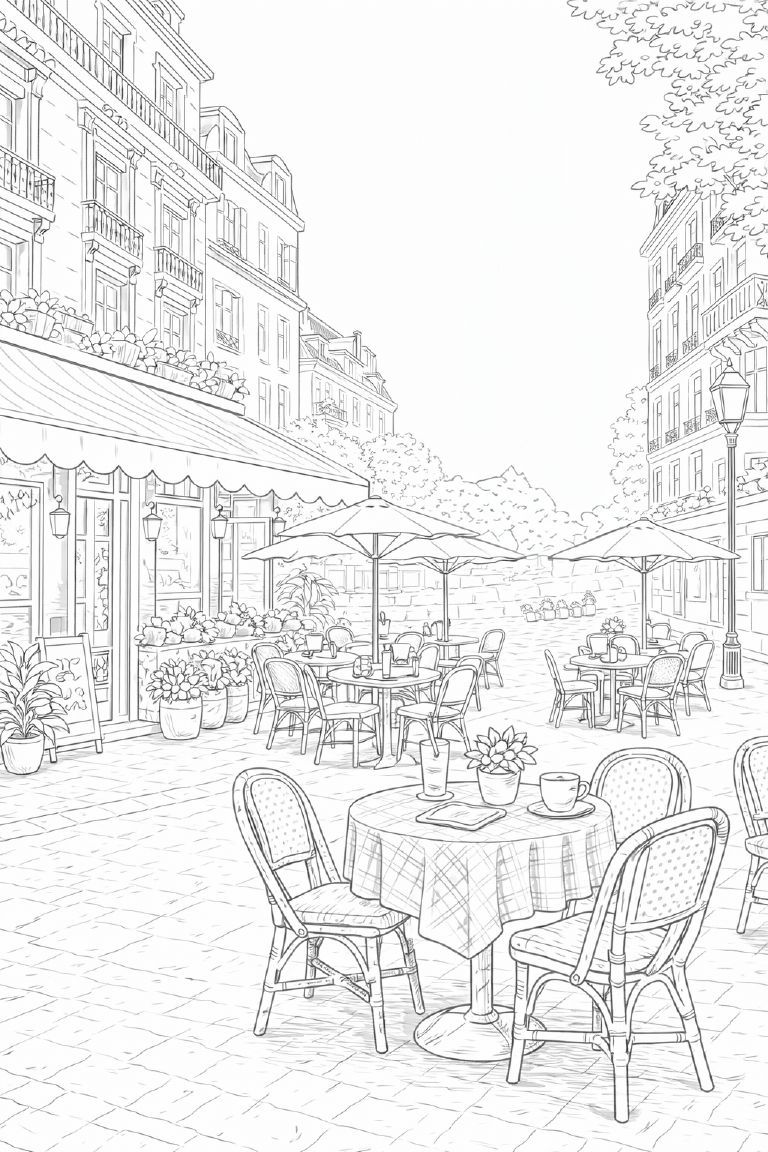 風景の塗り絵『ヨーロッパ街角カフェテラス』【大人の塗り絵-図柄の無料ダウンロード】- 印刷・商用利用可