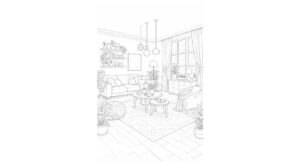 風景の塗り絵『窓辺とソファの静かな時間』【大人の塗り絵-図柄の無料ダウンロード】- 印刷・商用利用可