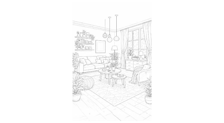 風景の塗り絵『窓辺とソファの静かな時間』【大人の塗り絵-図柄の無料ダウンロード】- 印刷・商用利用可