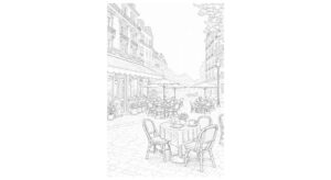 風景の塗り絵『ヨーロッパ街角カフェテラス』【大人の塗り絵-図柄の無料ダウンロード】- 印刷・商用利用可